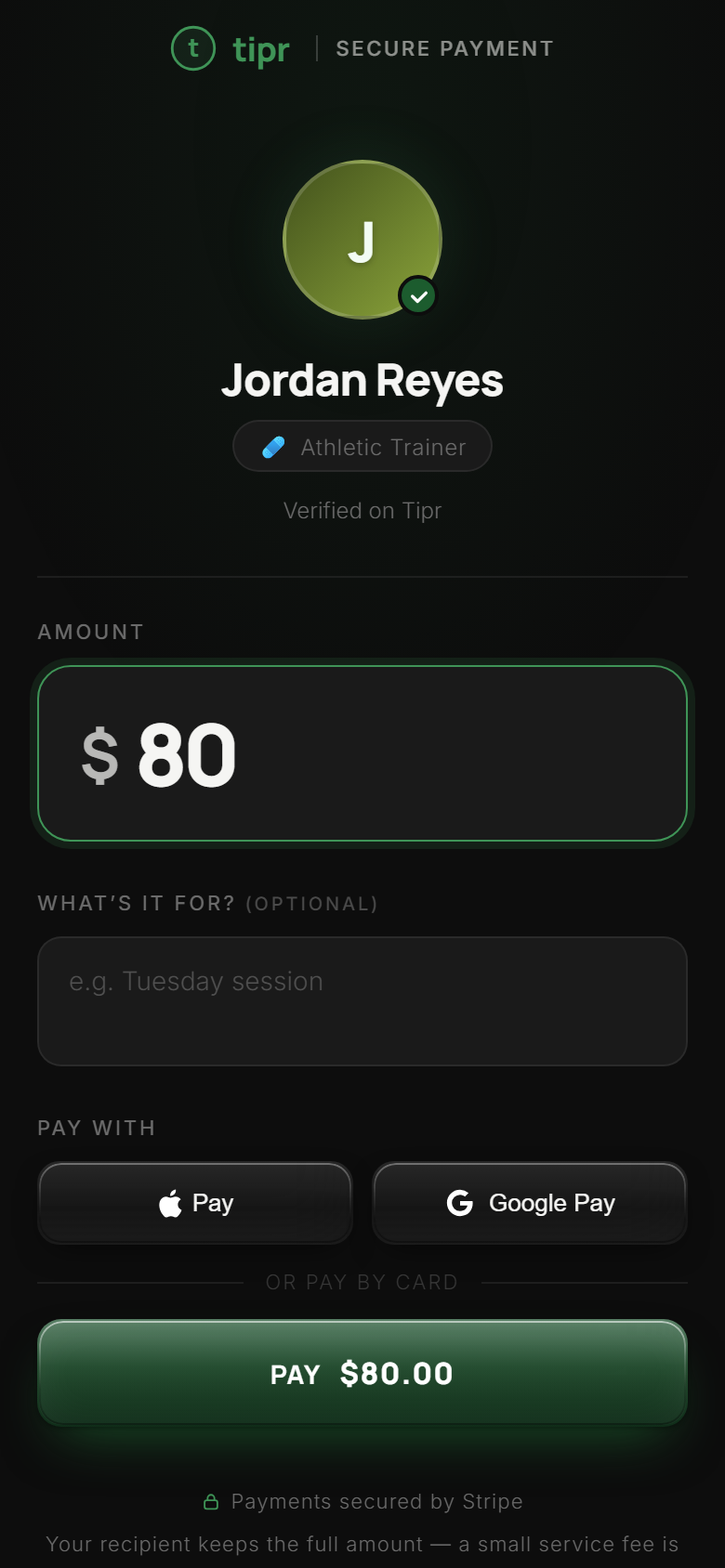The pay page with $80.00 typed into the amount field