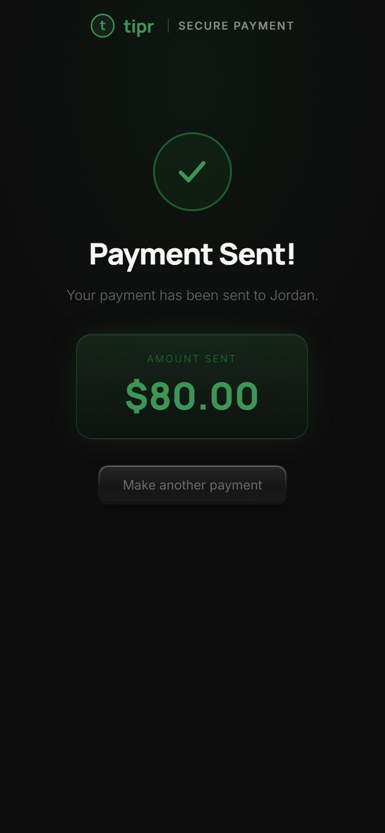 Confirmation that an $80.00 payment was sent to Jordan